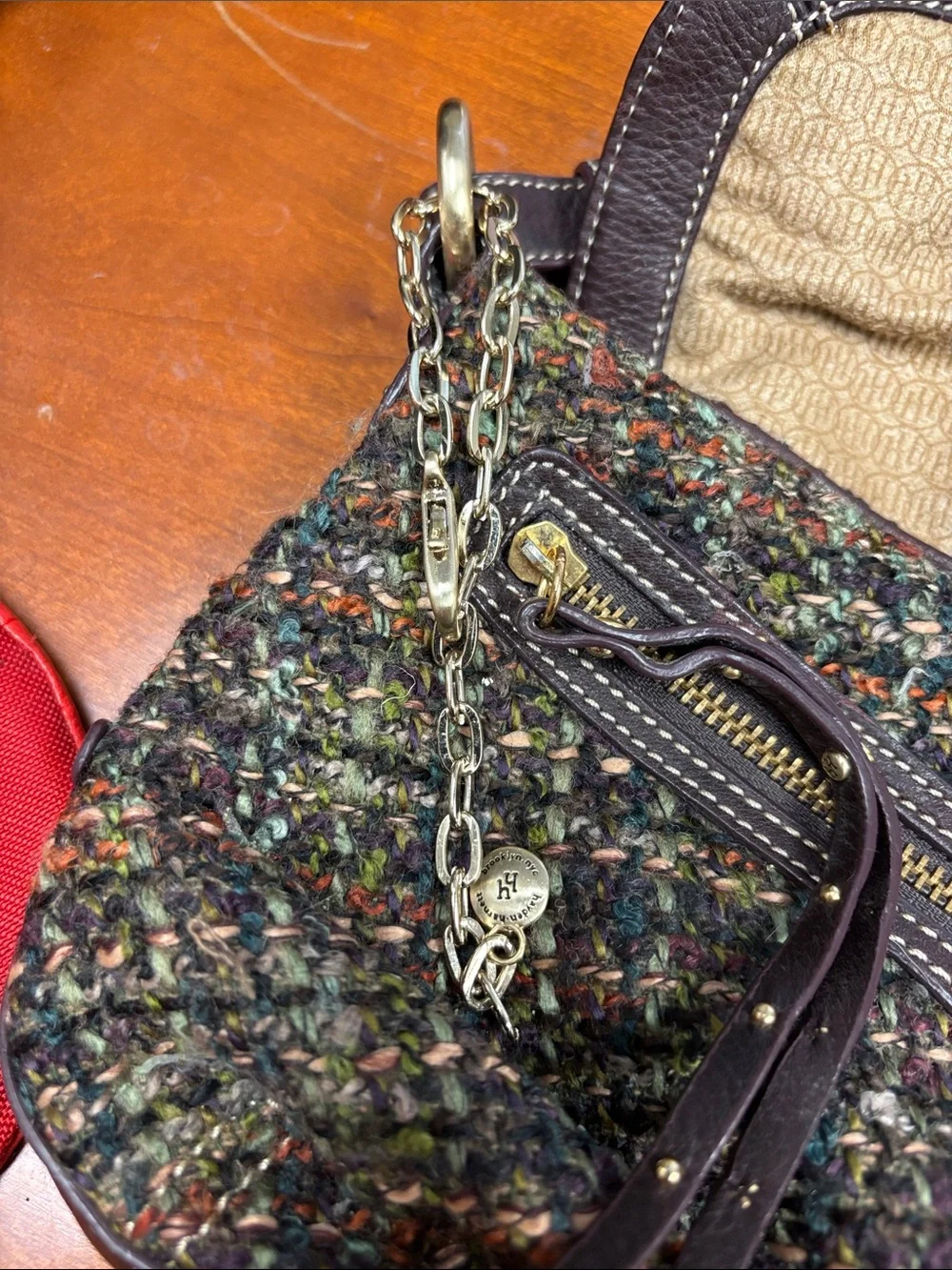 Woven Tweed and Leather Shoulder Bag in Dark Brown